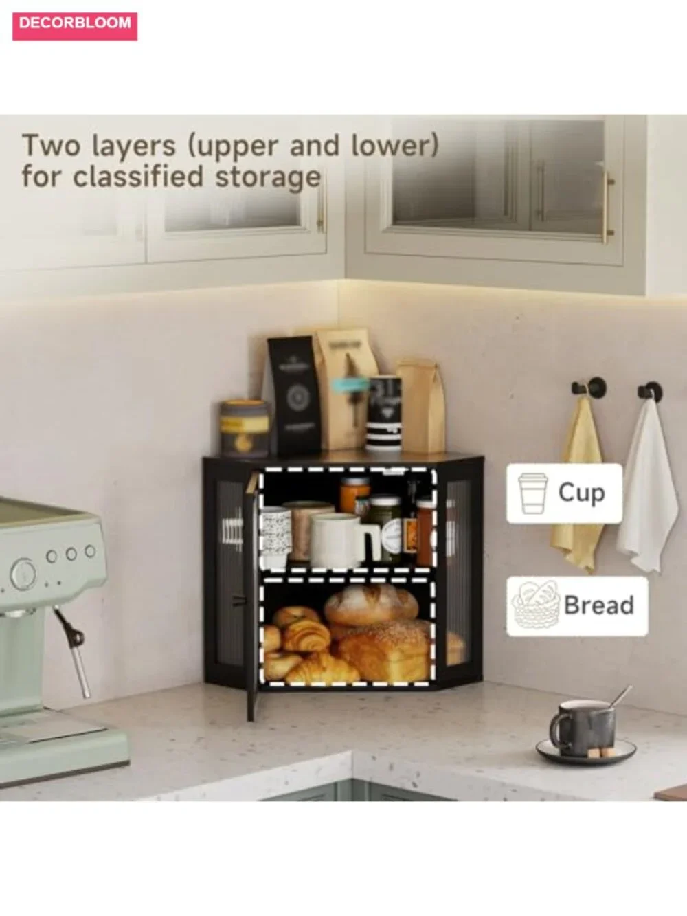 Corner Bread Box for Kitchen Countertop, Two-Layer Storage Bin with Acrylic